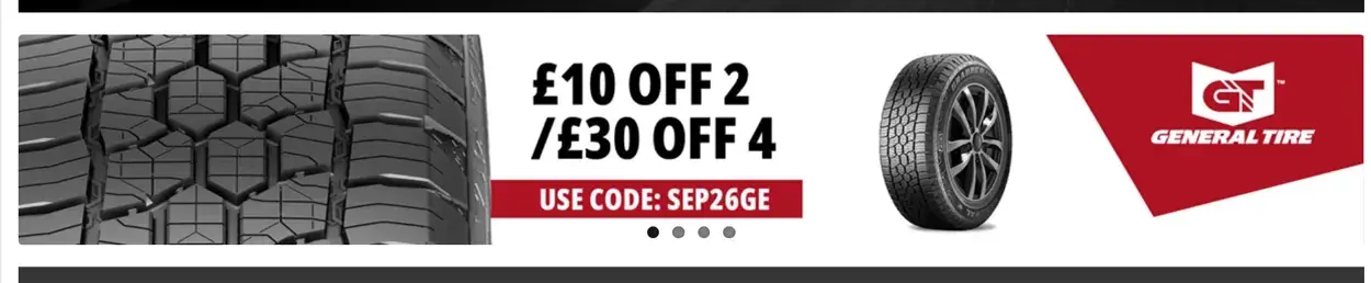 General Tire offer: £10 off 2 or £30 off 4 tyres, code SEP26GE