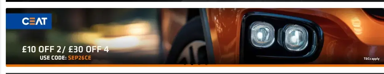 CEAT offer: £10 off 2 or £30 off 4 tyres, code SEP26CE
